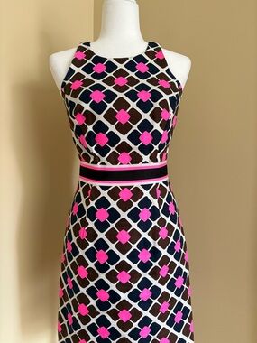 Milly Hot Pink, Navy & Brown Geometric Midi Dress